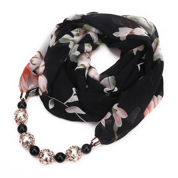 2/$30 Black Floral Beaded Neck Scarf Chiffon Gold Pendant Jewelry Women Gifts - Picture 4 of 6